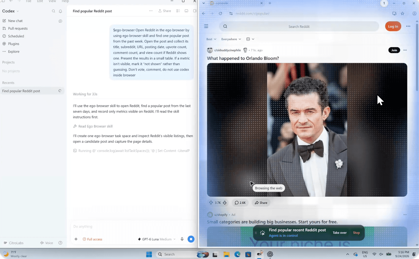 Codex working on a Reddit task beside the active ego (lite) Space on Windows