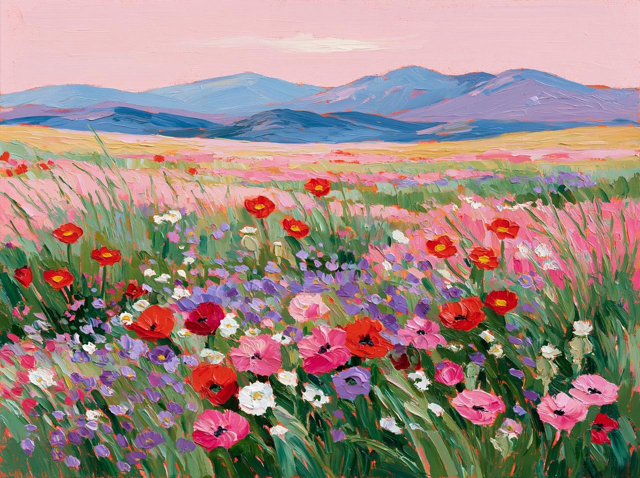 Impasto painting of a pink wildflower meadow stretching toward layered blue mountains beneath a soft pink sky