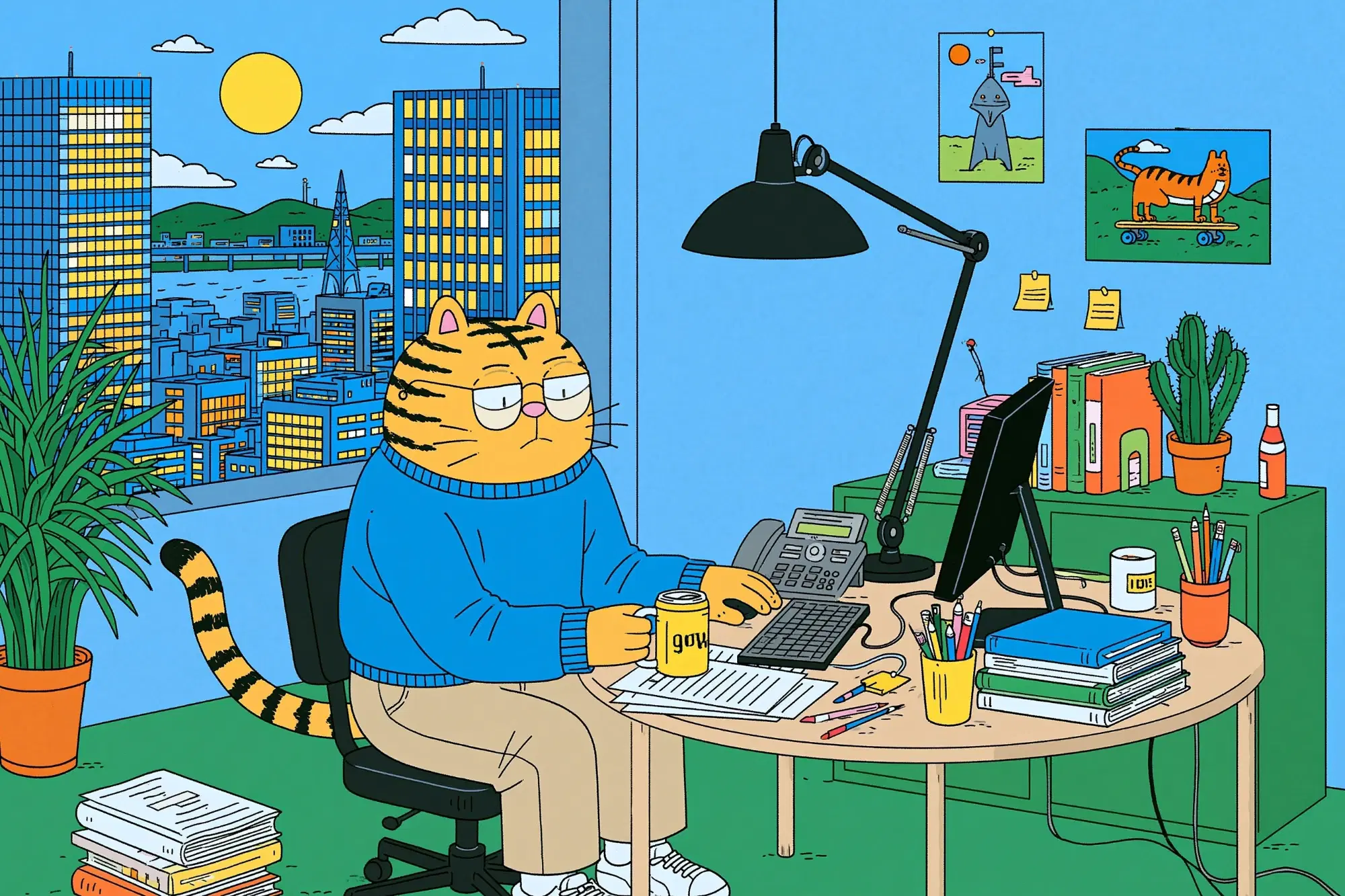 Illustration of a tabby cat in glasses working at a computer in a sunny office