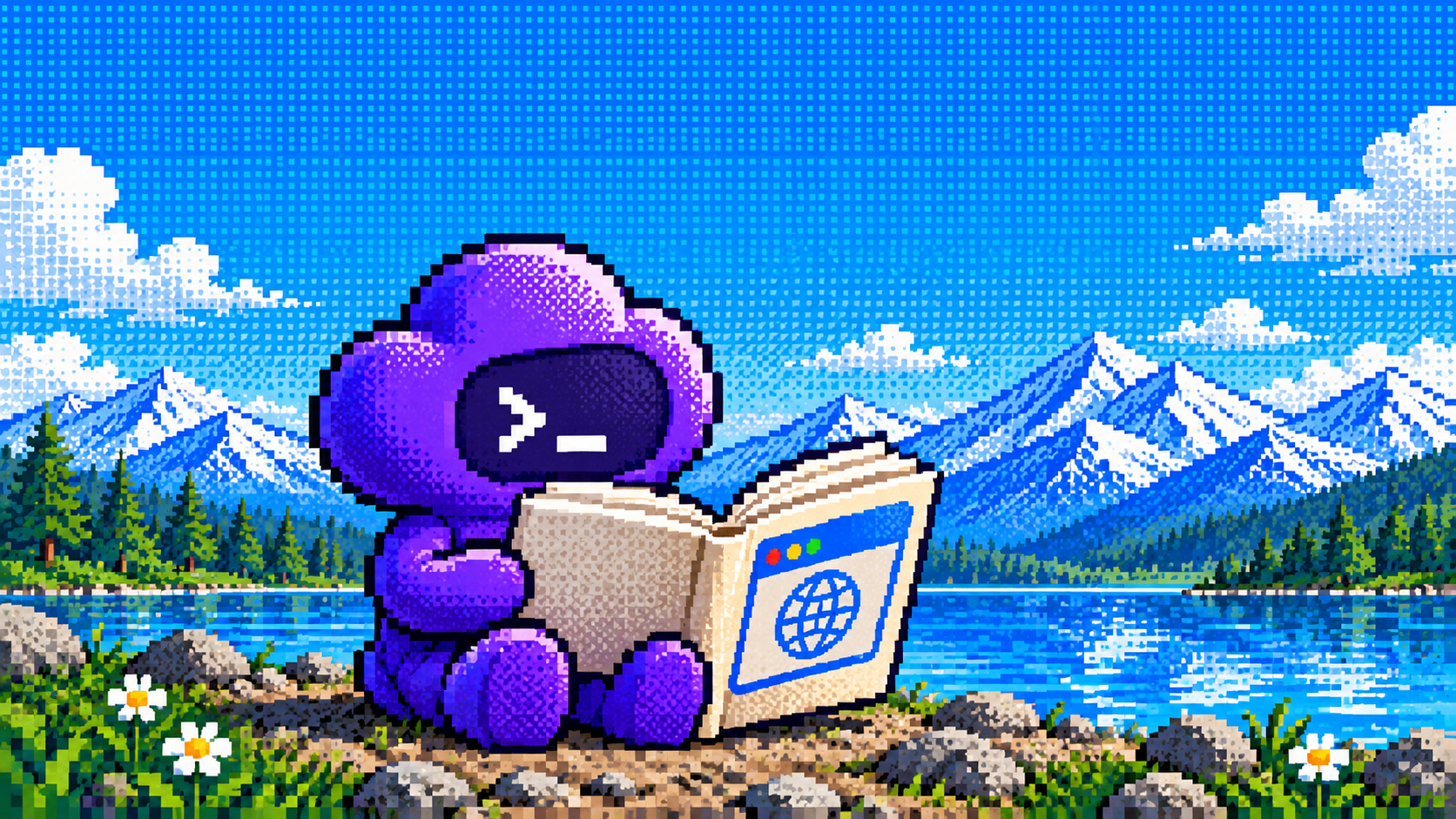 Pixel-art terminal agent reading a browser skill guide beside a mountain lake