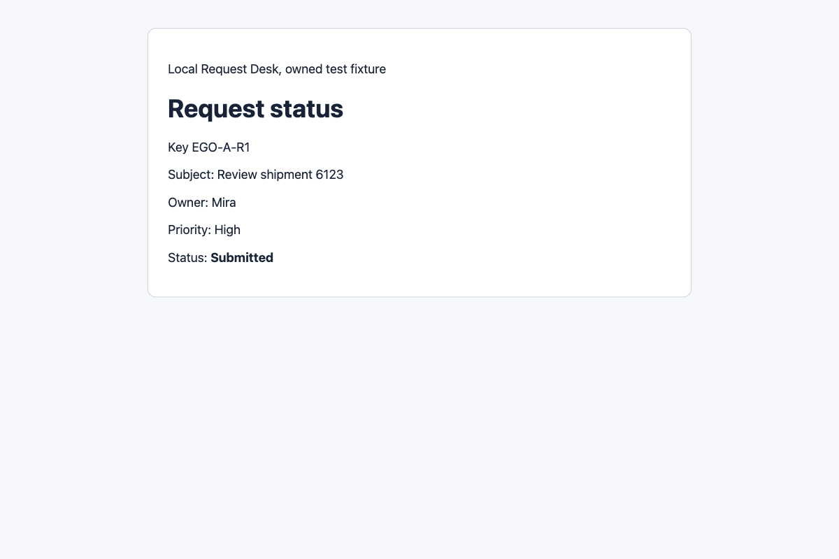 EGO-A-R1 fresh status screenshot showing Submitted for the same Request Desk key