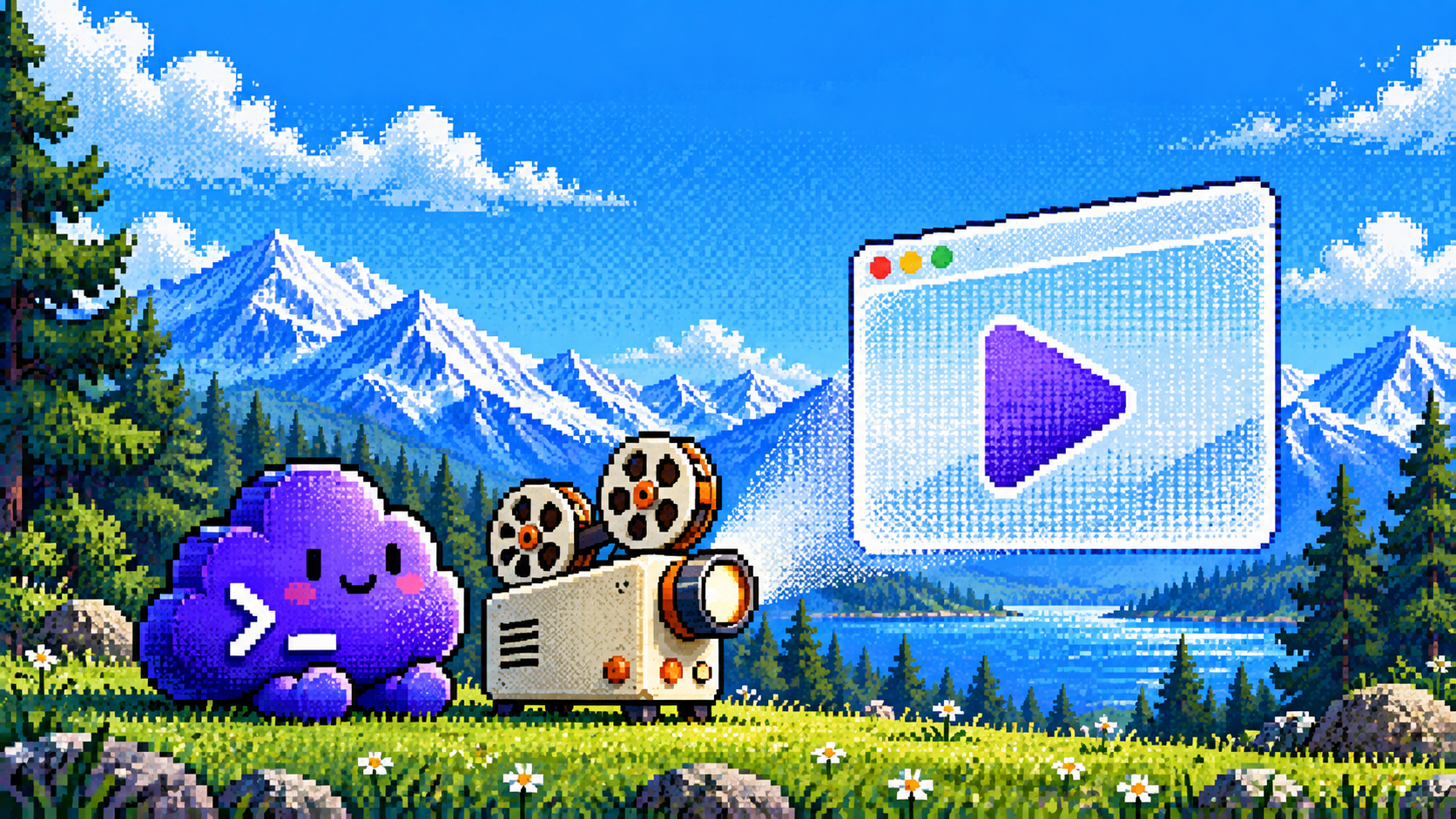 Pixel-art terminal mascot beside a film projector and browser video player