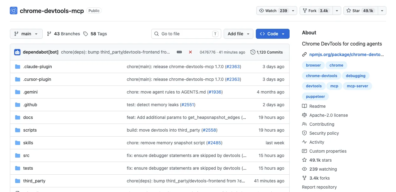 The ChromeDevTools/chrome-devtools-mcp GitHub repository, tagline Chrome DevTools for coding agents, 49.1k stars