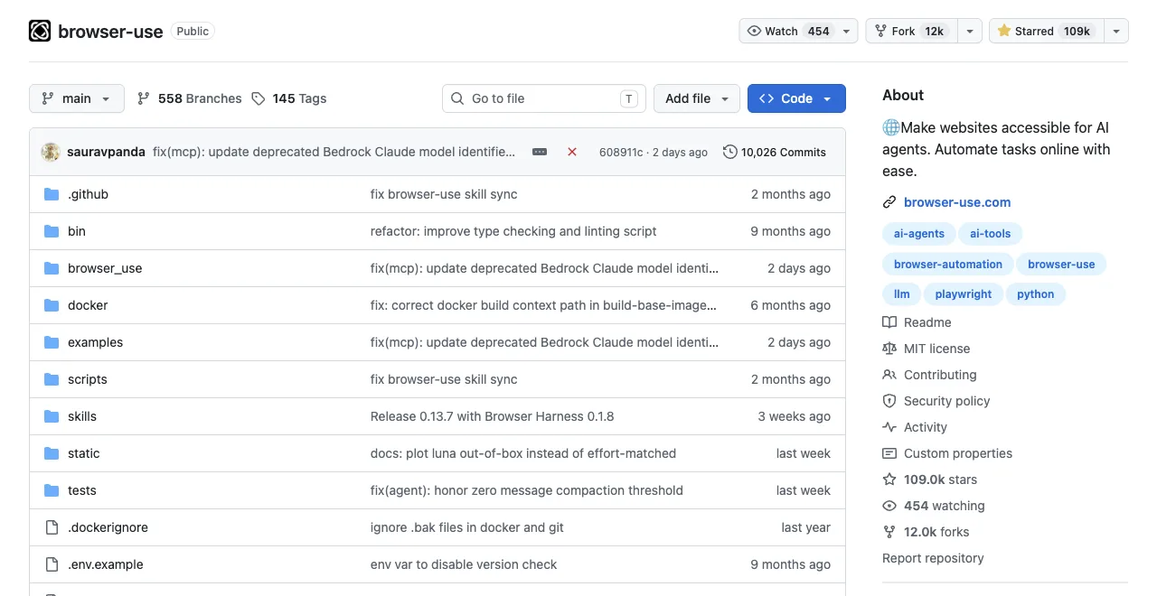 The browser-use GitHub repository, 110k stars, MIT, the autonomous end of the agent-driven scraping route