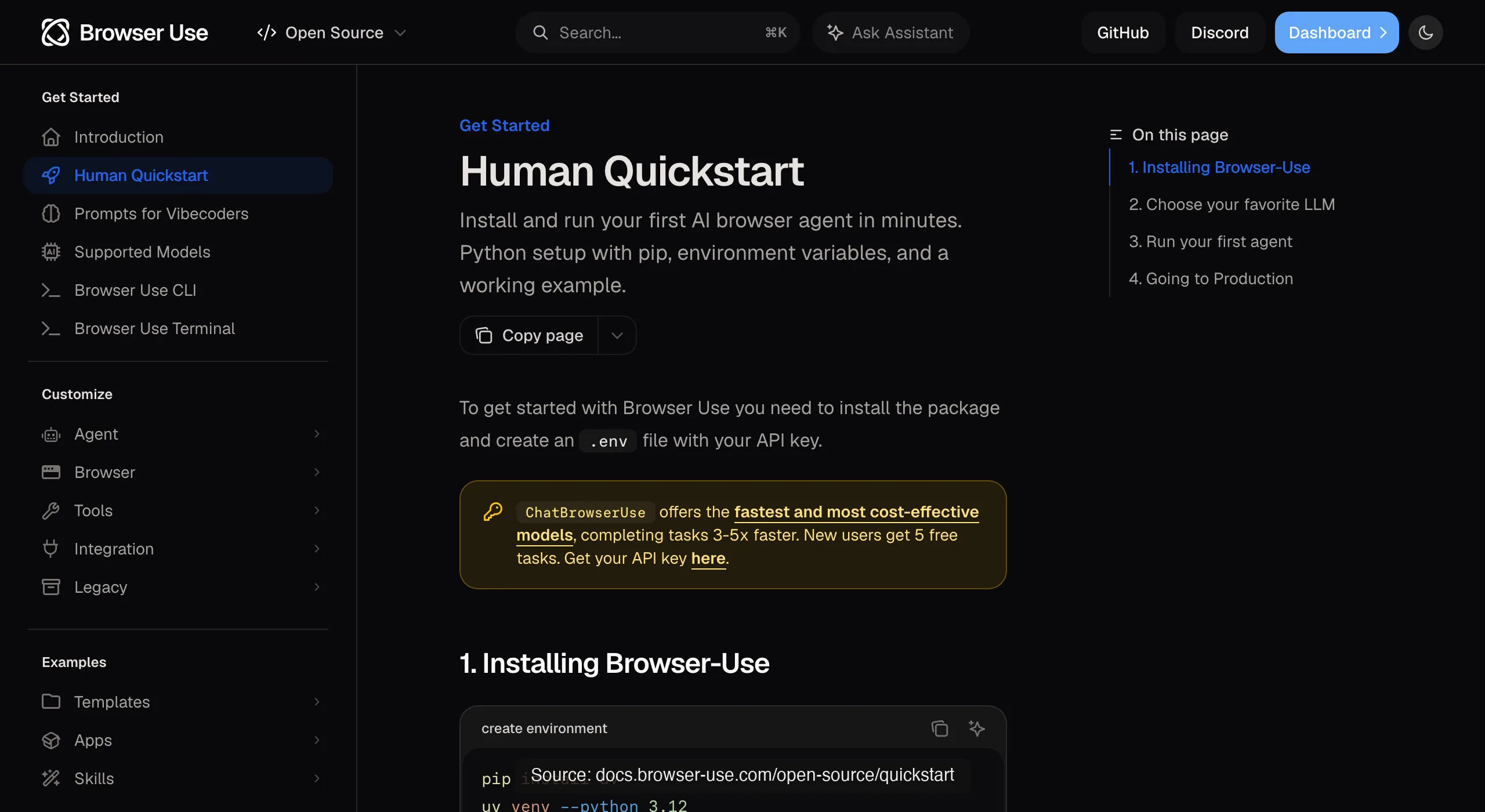 Browser Use's open-source quickstart docs: install the package, define an Agent with a task string, run it