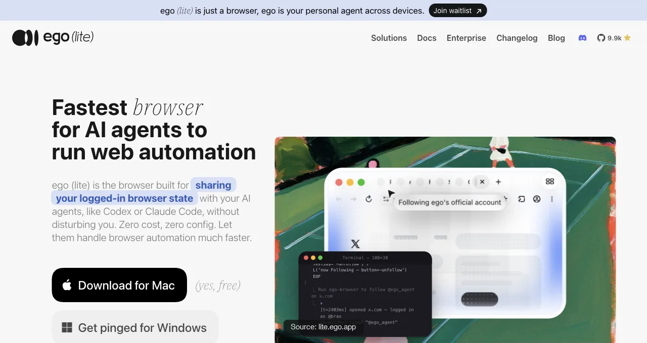 The ego (lite) homepage: fastest browser for AI agents, built for sharing your logged-in browser state with agents like Codex or Claude Code
