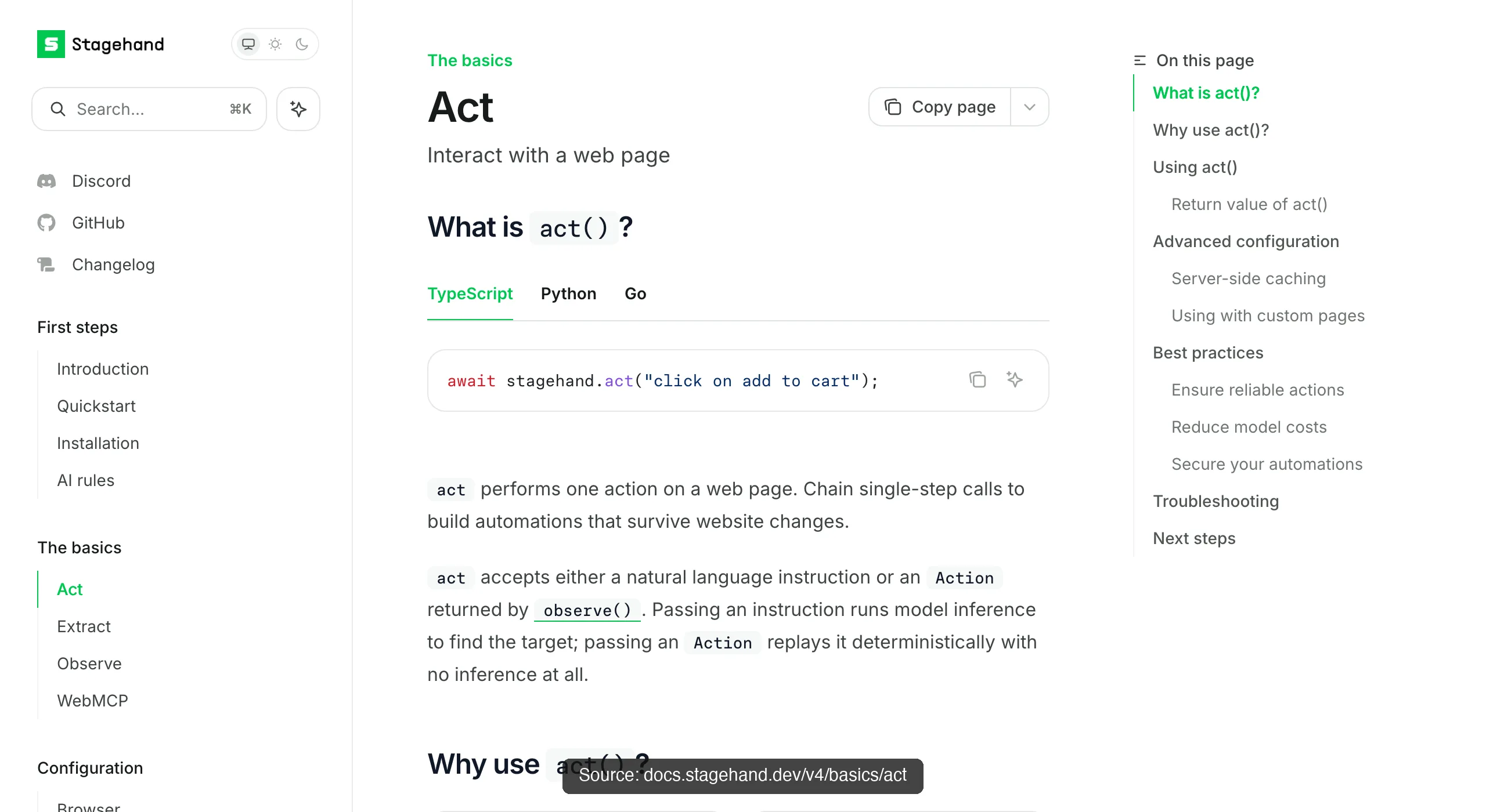 Stagehand's act() documentation showing a one-line natural-language action call