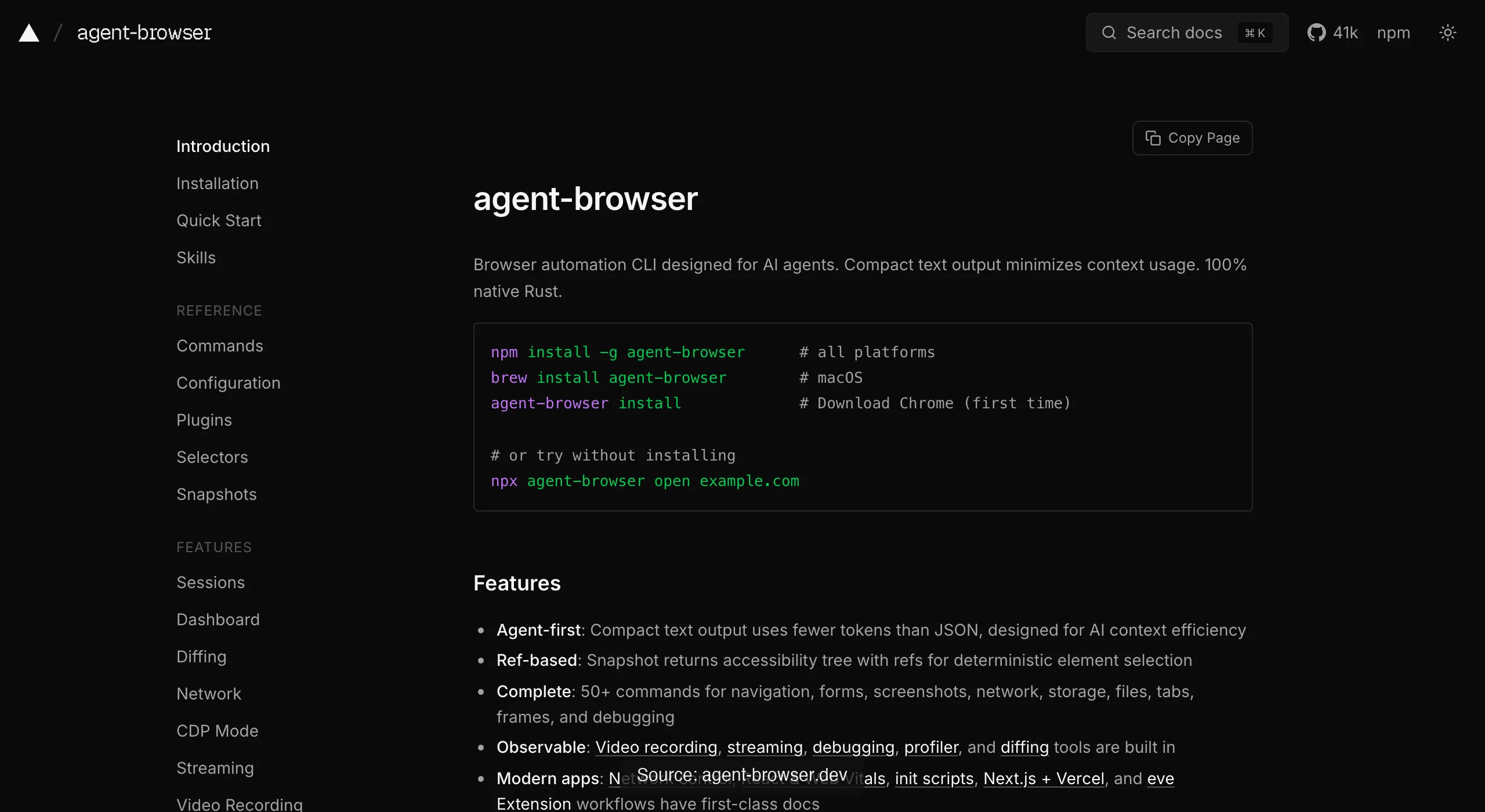 agent-browser's docs opening with real install and run commands, npm install then npx agent-browser open