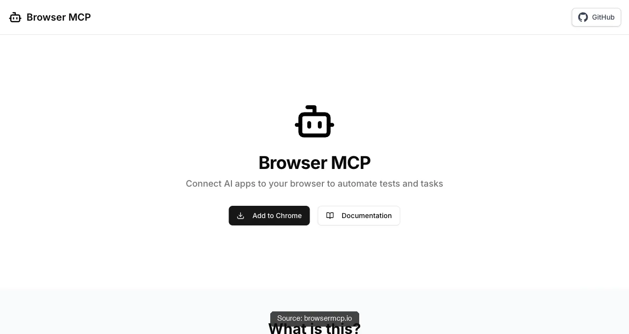 The Browser MCP homepage with the tagline connect AI apps to your browser to automate tests and tasks