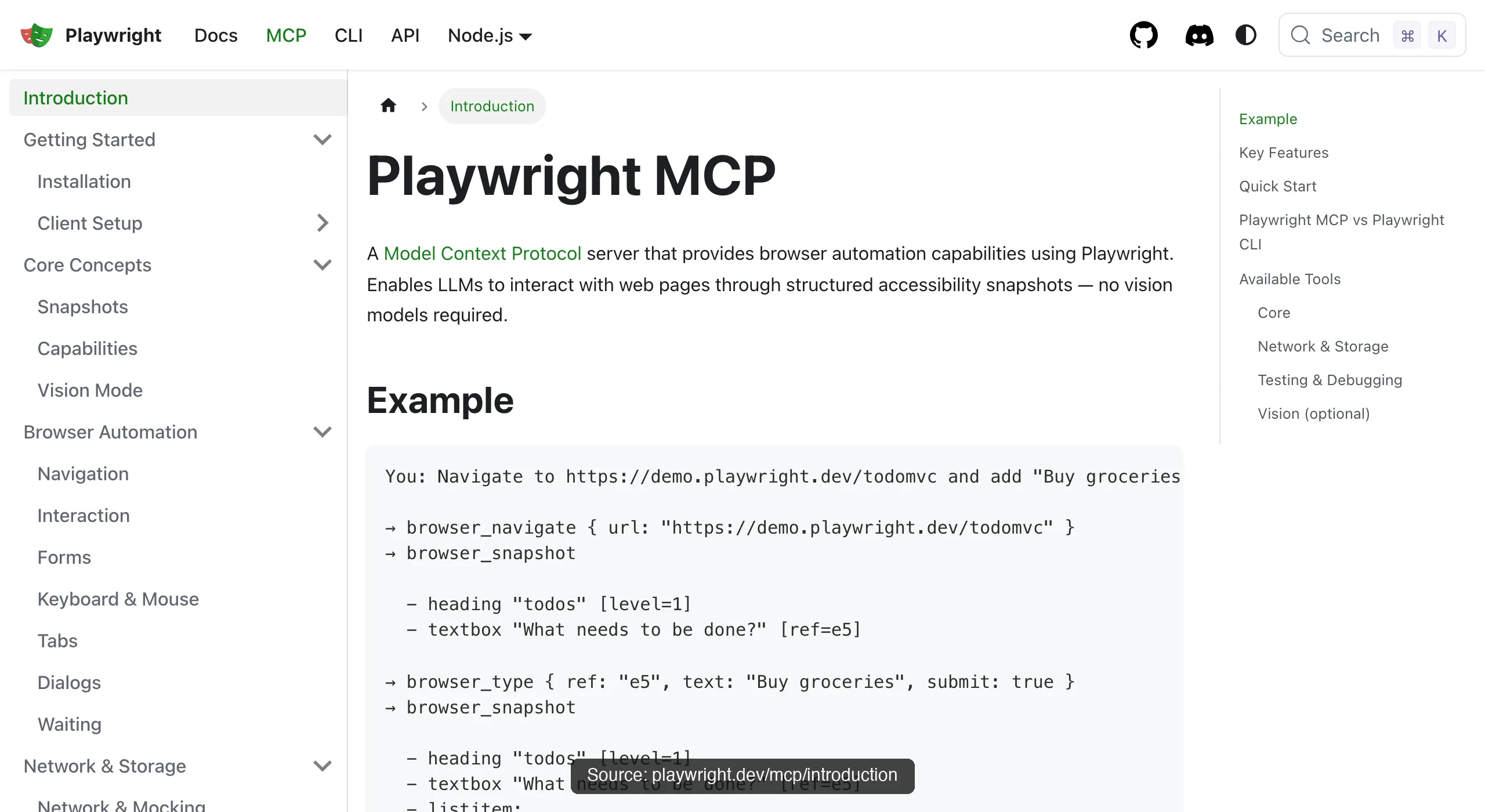 The official Playwright MCP documentation intro page on playwright.dev