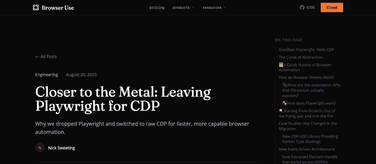 Browser Use engineering blog post titled Closer to the Metal: Leaving Playwright for CDP, published August 2025