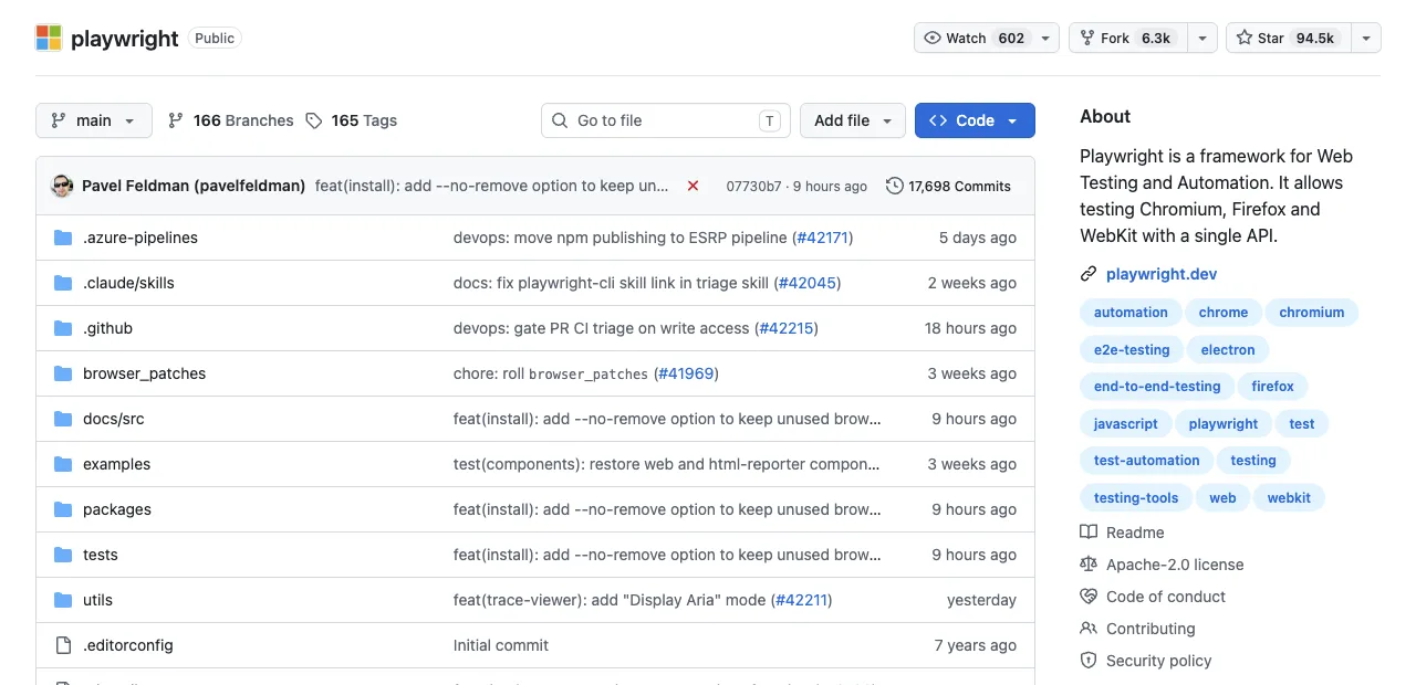 The microsoft/playwright GitHub repository, 90K+ stars, Apache-2.0 license, five official language bindings