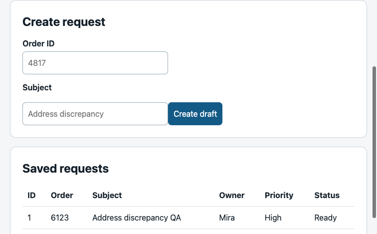 Native-pixel Browser Use bu-10 result row showing order 6123 and request subject