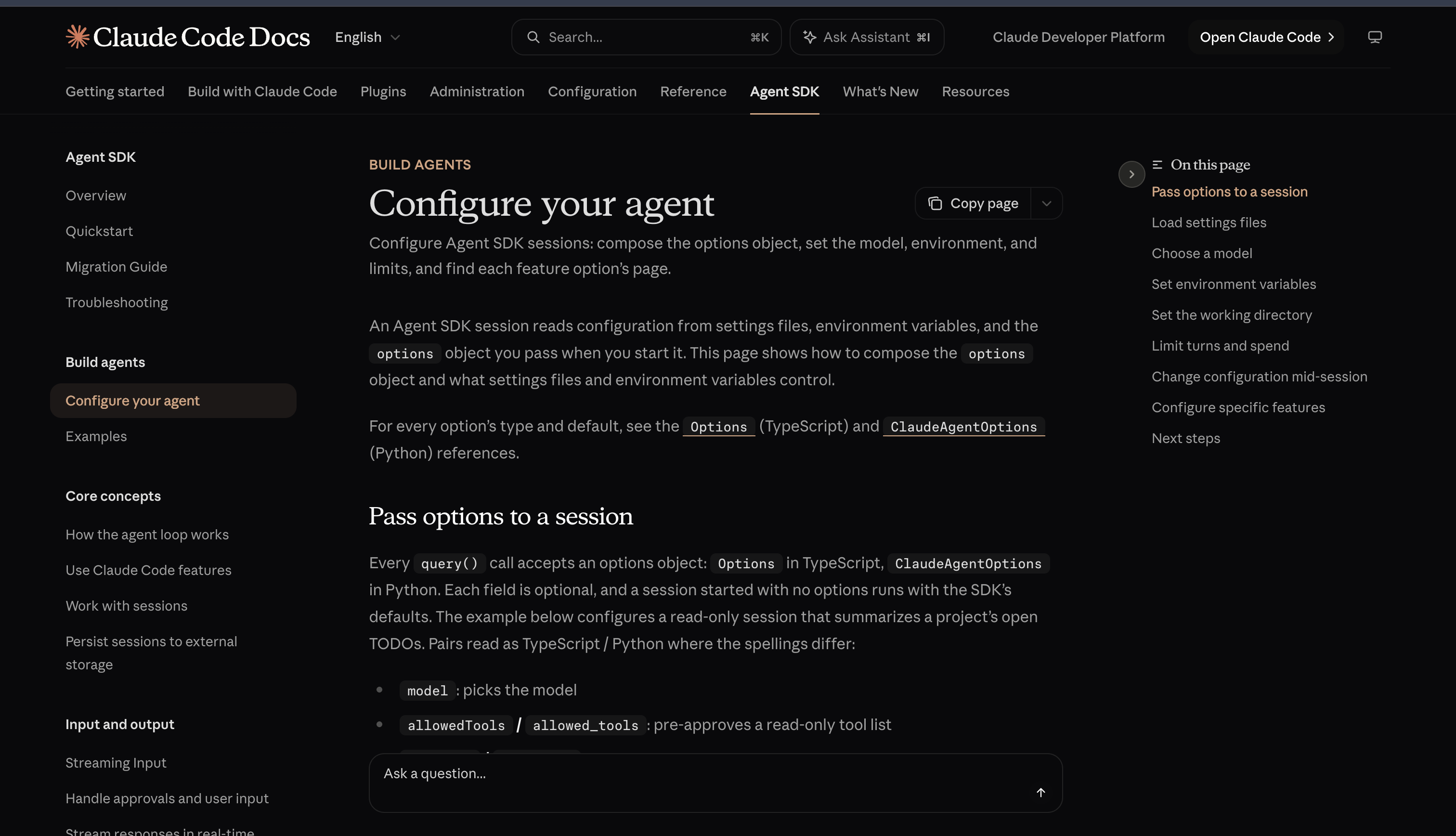 Claude Code Agent SDK Configure your agent documentation showing session options and configuration sources
