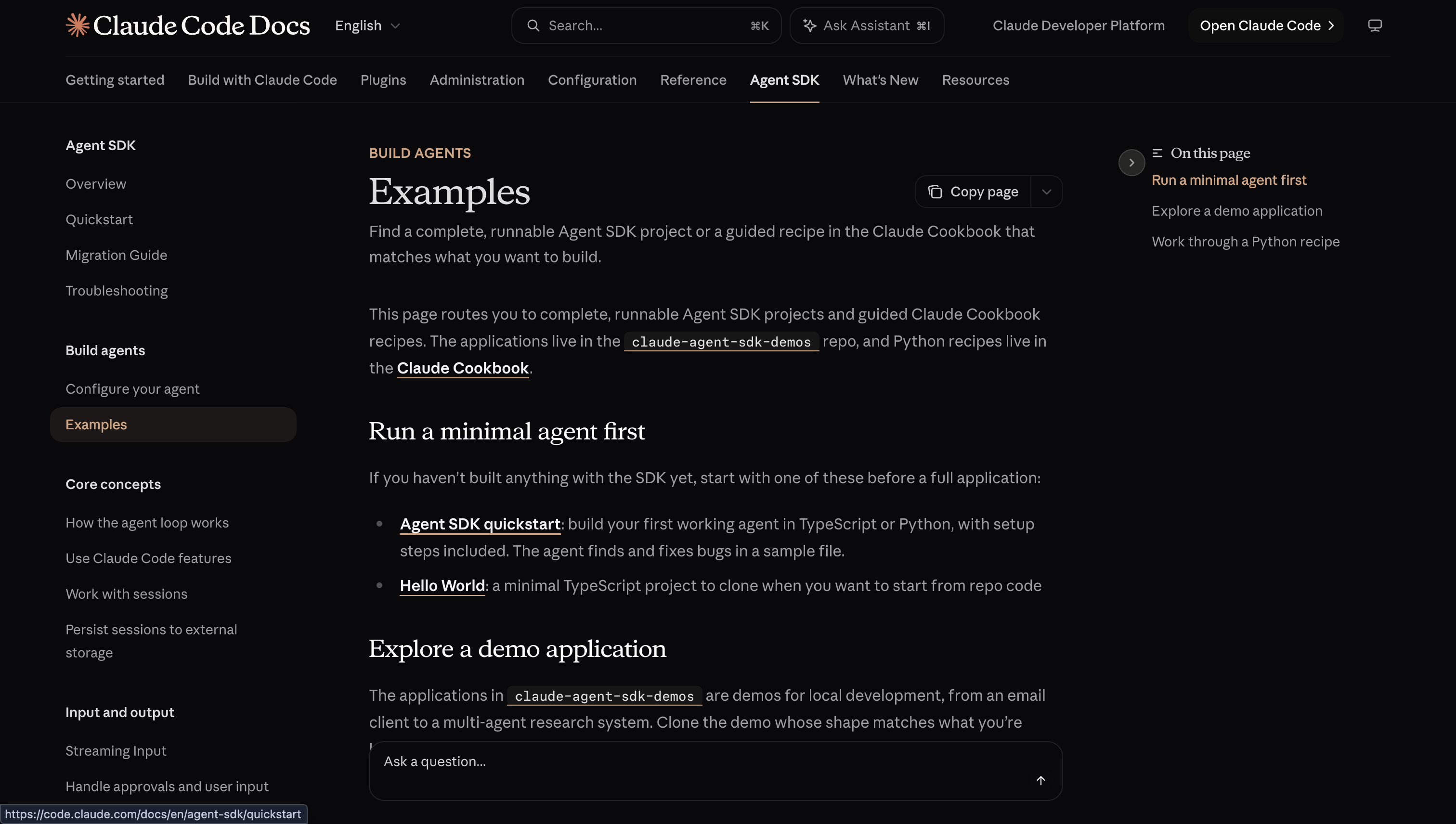 Claude Code Agent SDK Examples documentation listing minimal agents, demo applications and guided recipes