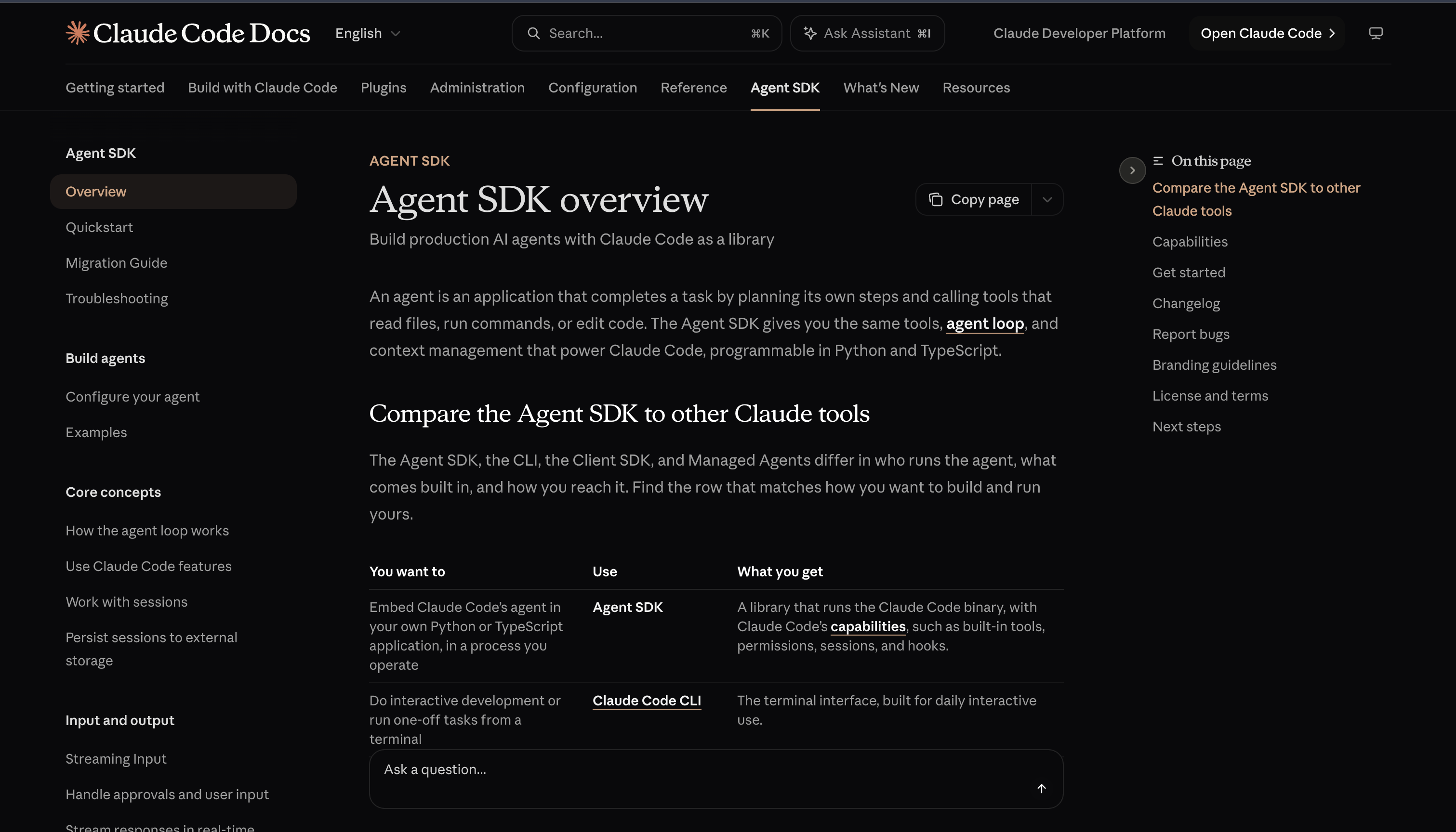 Claude Code Agent SDK overview page describing the SDK as a programmable library and comparing it with other Claude tools