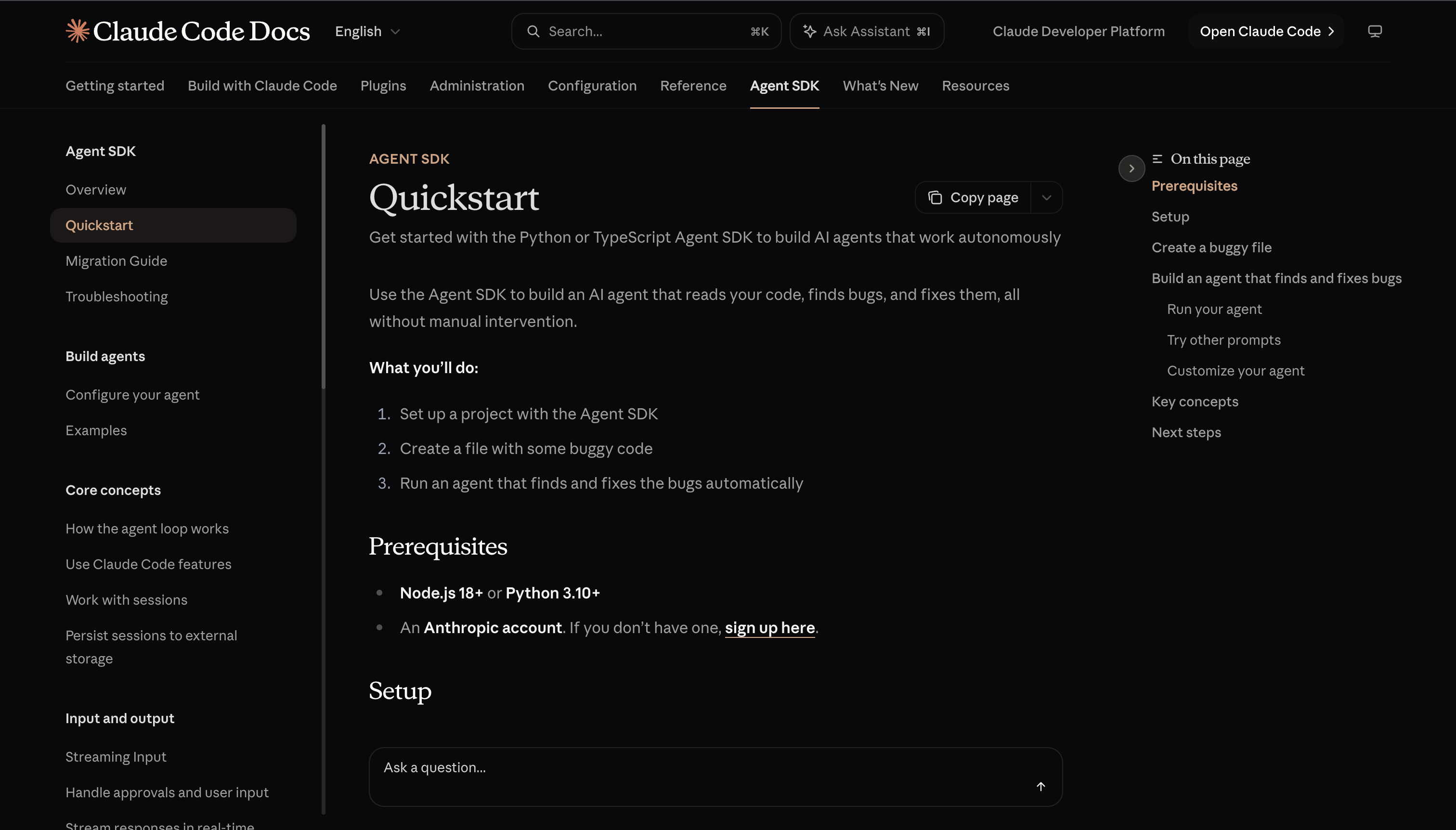 Claude Code Agent SDK Quickstart documentation with prerequisites and setup steps