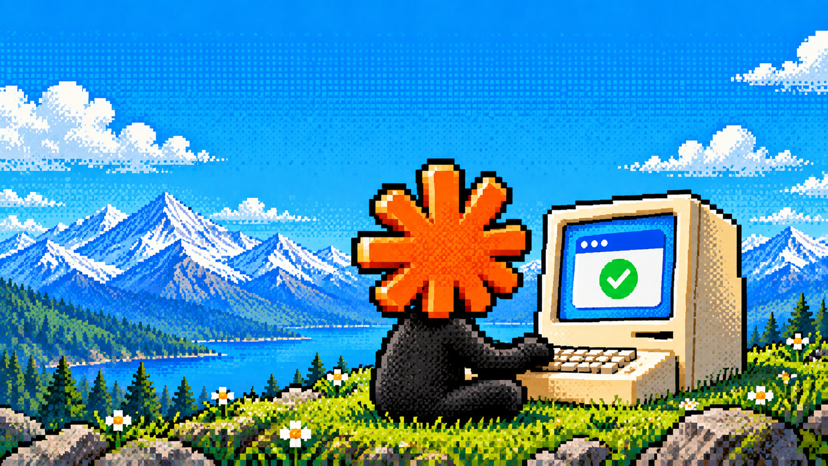 Claude Agent SDK browser automation illustration: a Claude mascot uses a retro computer displaying a check mark.