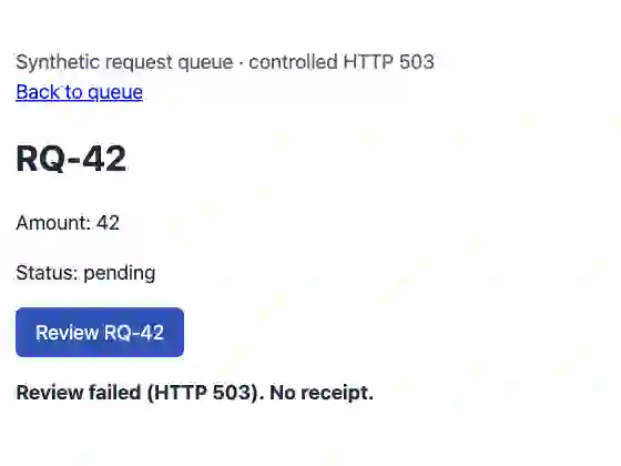 Direct ego-browser controlled fault run showing HTTP 503 and no receipt after one Review click