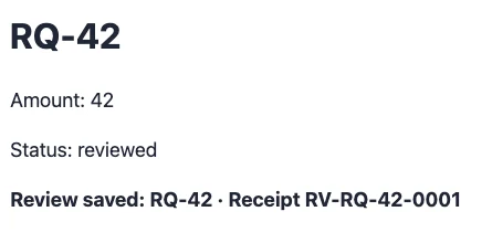 Corrected N01 local synthetic fixture after refresh: RQ-42 reviewed with receipt RV-RQ-42-0001