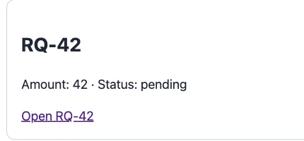 Corrected N01 local synthetic queue target RQ-42 with amount 42 and pending status