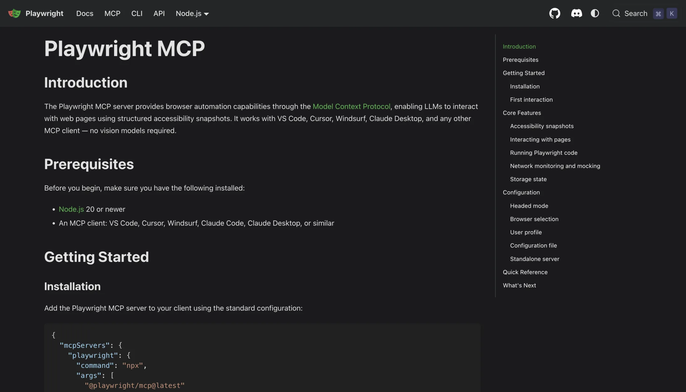 The Playwright MCP documentation page, showing the Introduction, a Prerequisites list requiring Node.js 20 or newer and an MCP client, and the beginning of the bare mcpServers JSON snippet with @playwright/mcp at latest
