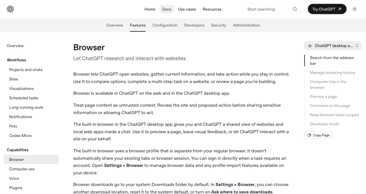 OpenAI's Browser documentation describing the built-in browser as a shared view of websites, running a profile separate from your regular browser