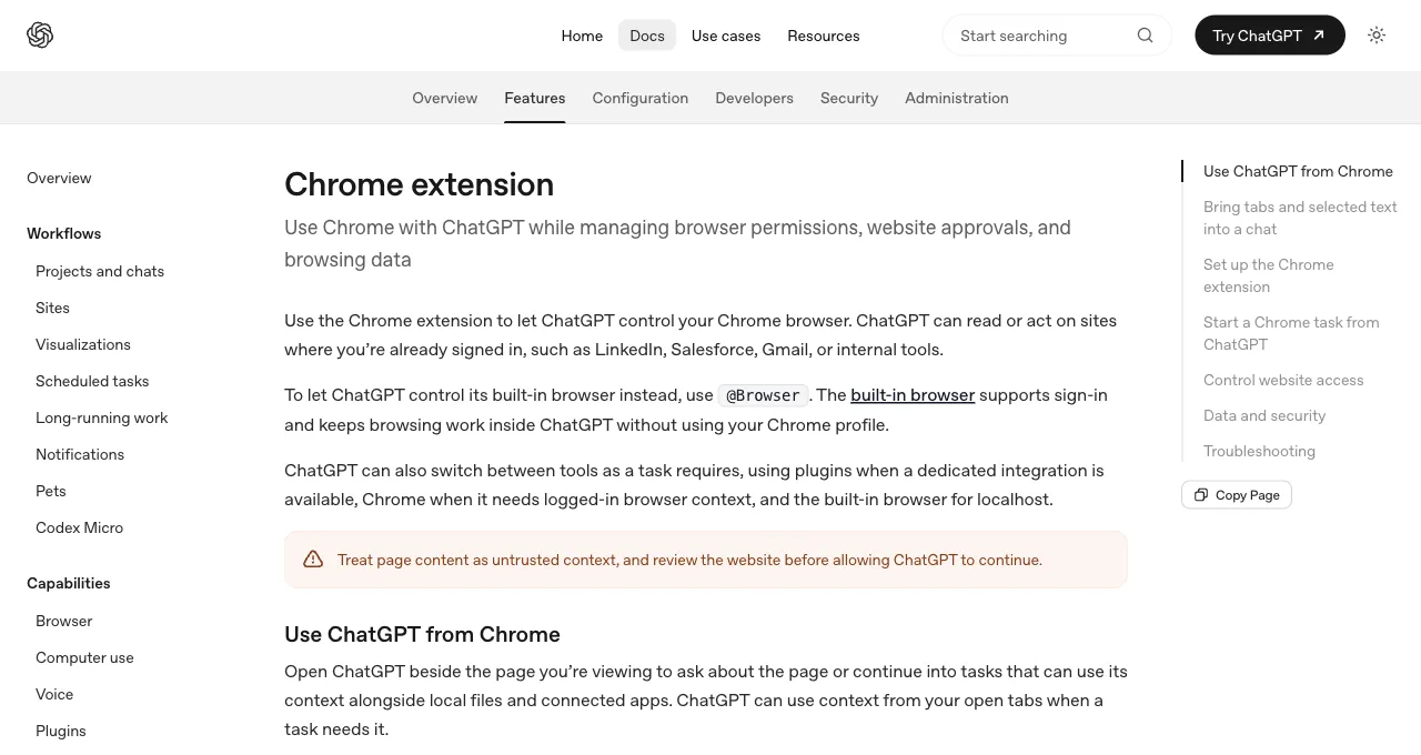 OpenAI's Chrome extension documentation describing ChatGPT acting on sites where you're already signed in, with a warning to treat page content as untrusted