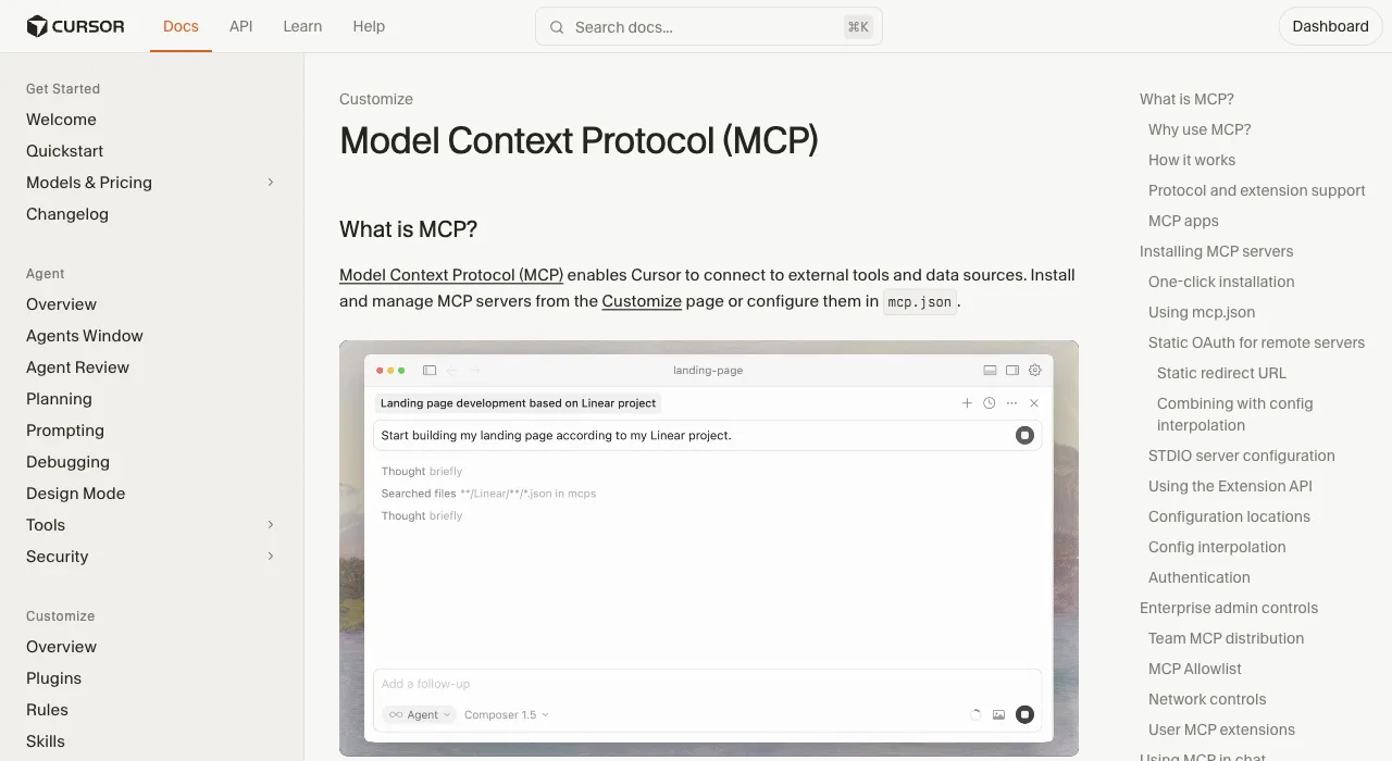 Cursor's Model Context Protocol documentation showing how to install and configure MCP servers from the Customize page or mcp.json