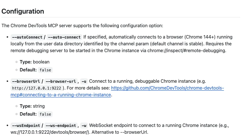 Chrome DevTools MCP readme configuration section documenting the --autoConnect flag, which requires Chrome 144+ and remote debugging enabled via chrome://inspect