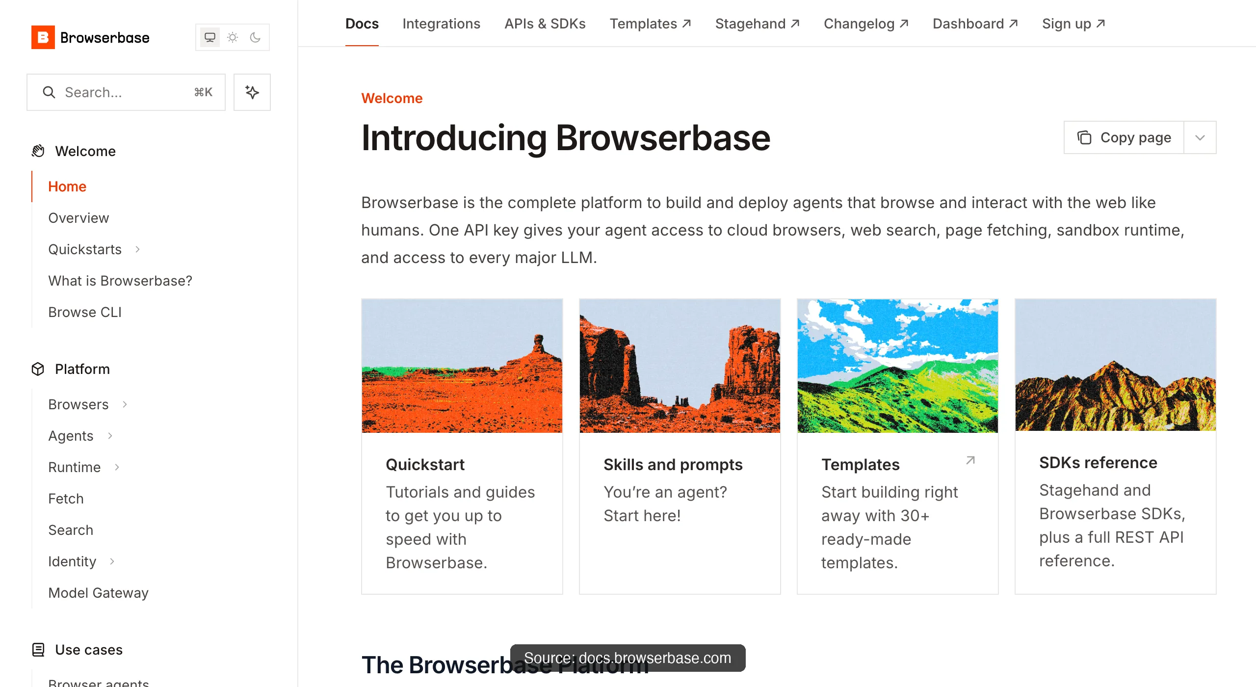 Browserbase docs introduction: one API key gives your agent access to cloud browsers, web search, page fetching, and a sandbox runtime