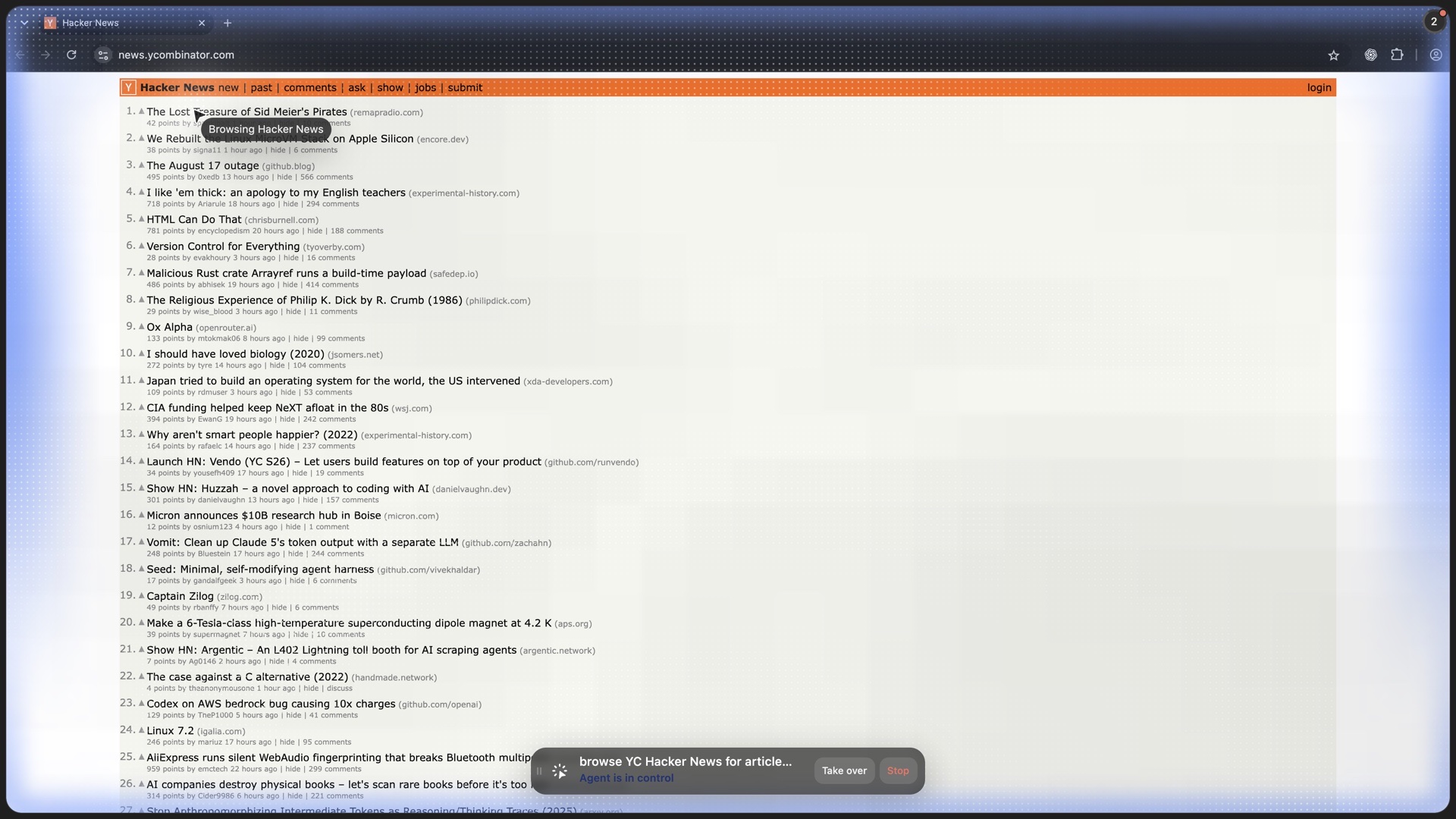 YC Hacker News open in an ego (lite) Space while an AI agent is in control