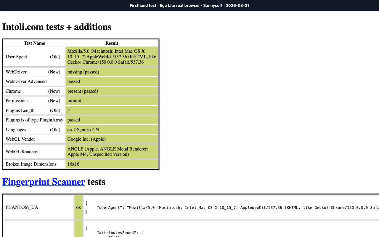 Sannysoft results for ego (lite) showing WebDriver missing, five plugins, the Chrome object, and an Apple M4 renderer