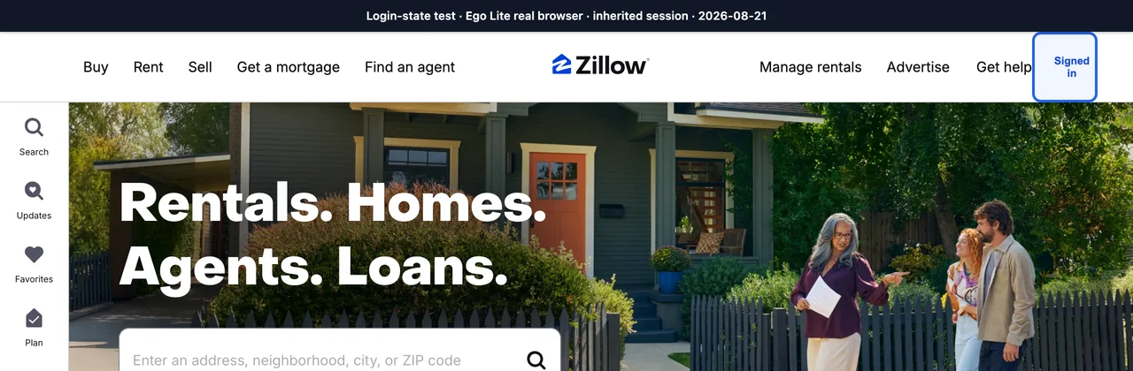 Zillow homepage loaded in ego (lite) with the inherited signed-in account menu highlighted and personal initials redacted