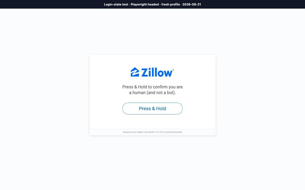 Zillow Press and Hold challenge shown to Playwright headed Chromium with a fresh profile