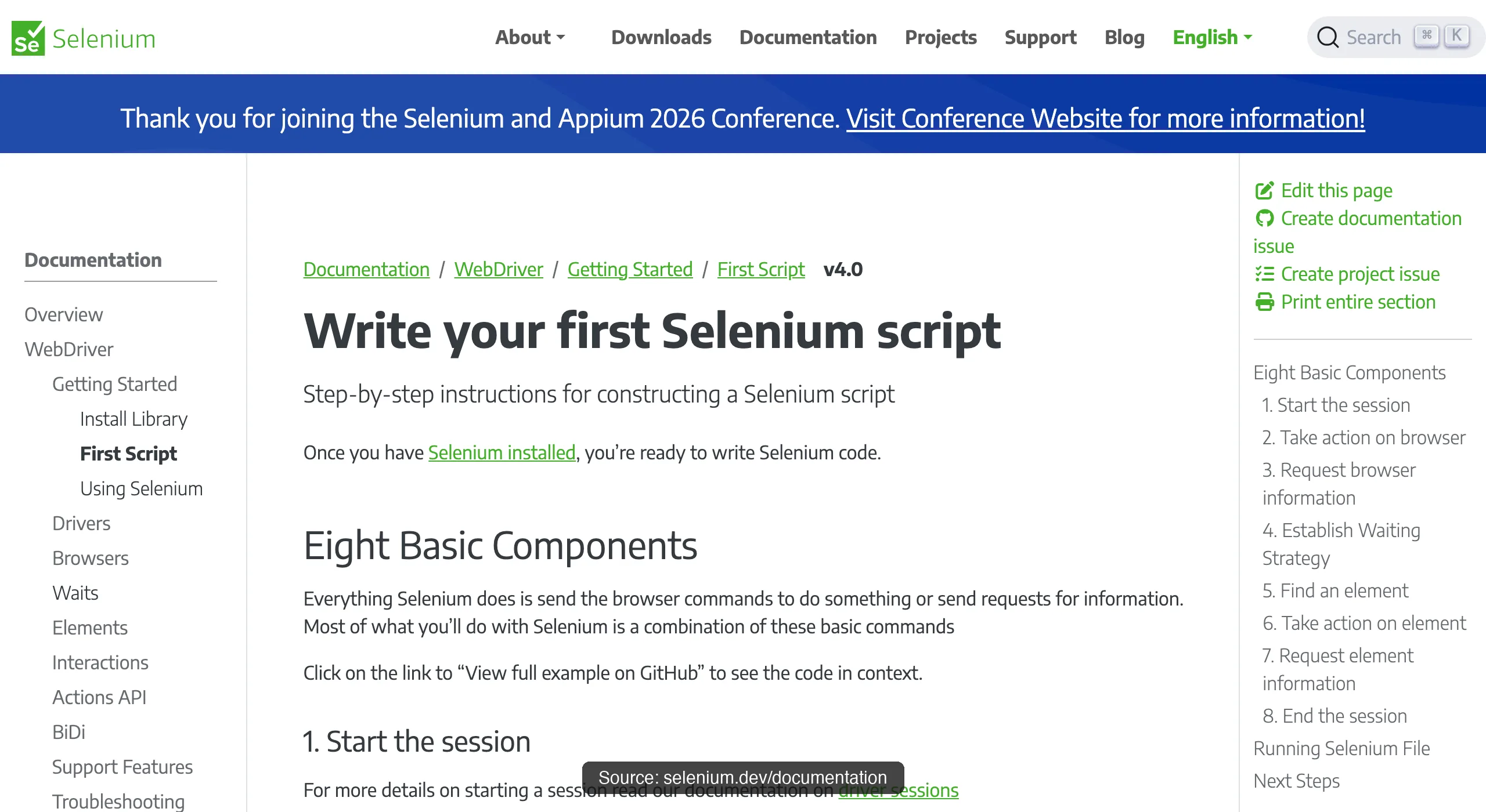 Selenium's first-script documentation walking through the WebDriver session lifecycle