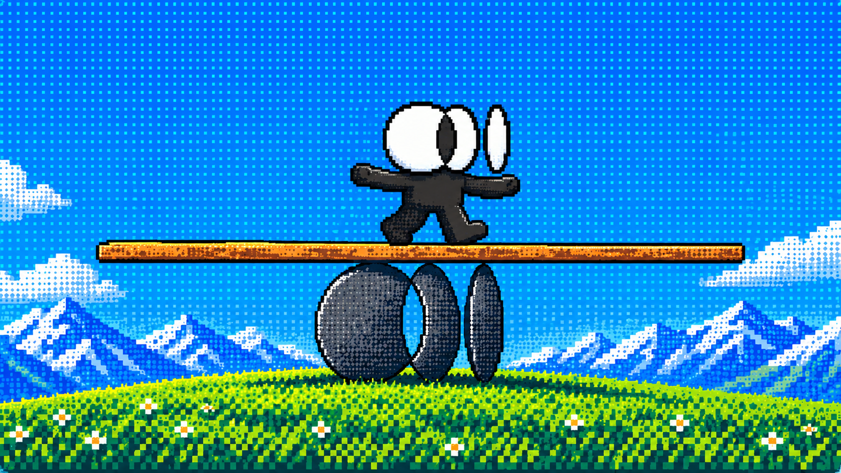 Pixel art ego (lite) character balancing on a beam over rolling wheels, illustrating long-term browser automation stability