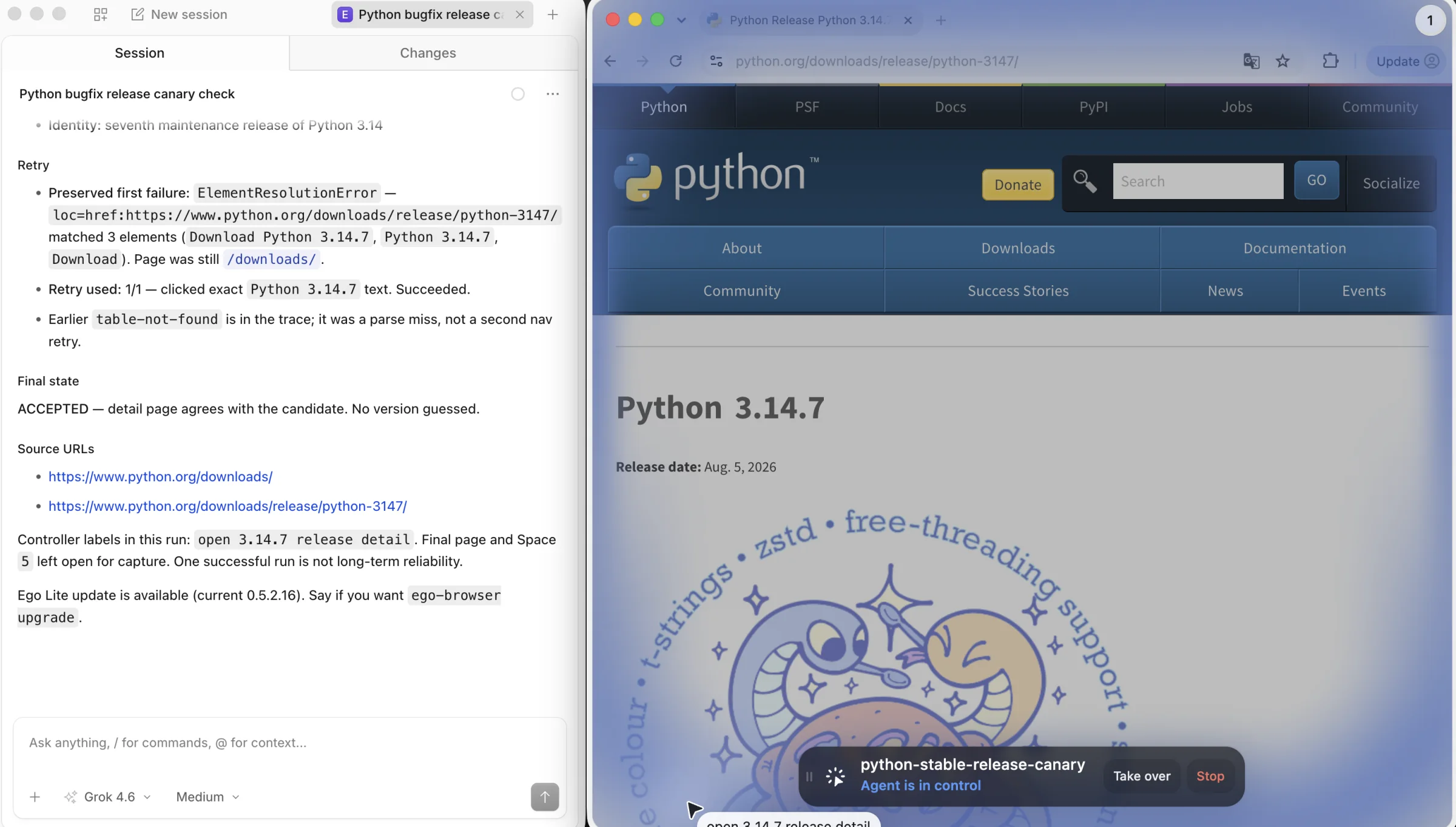 Python.org release detail open in an ego (lite) Space while the agent is in control, with Take over and Stop controls visible
