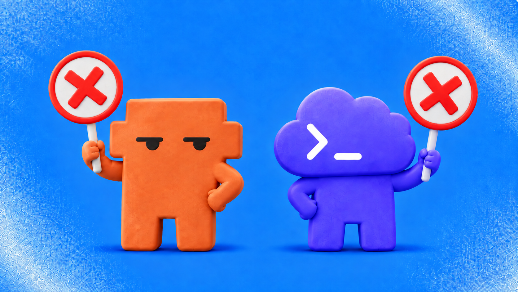 Two browser agents holding error signs to illustrate web search failures