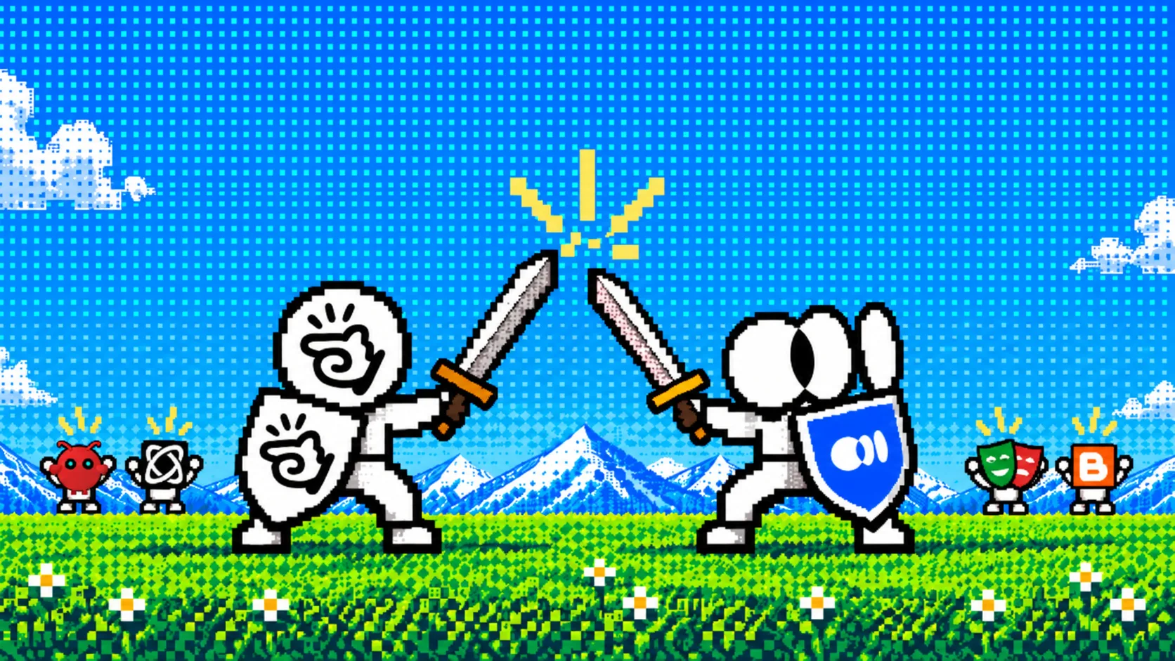 Pixel-art illustration of two sword-clashing knights, one marked with the Manus logo and one with the ego (lite) mark, with smaller figures for the other browser-automation routes around them