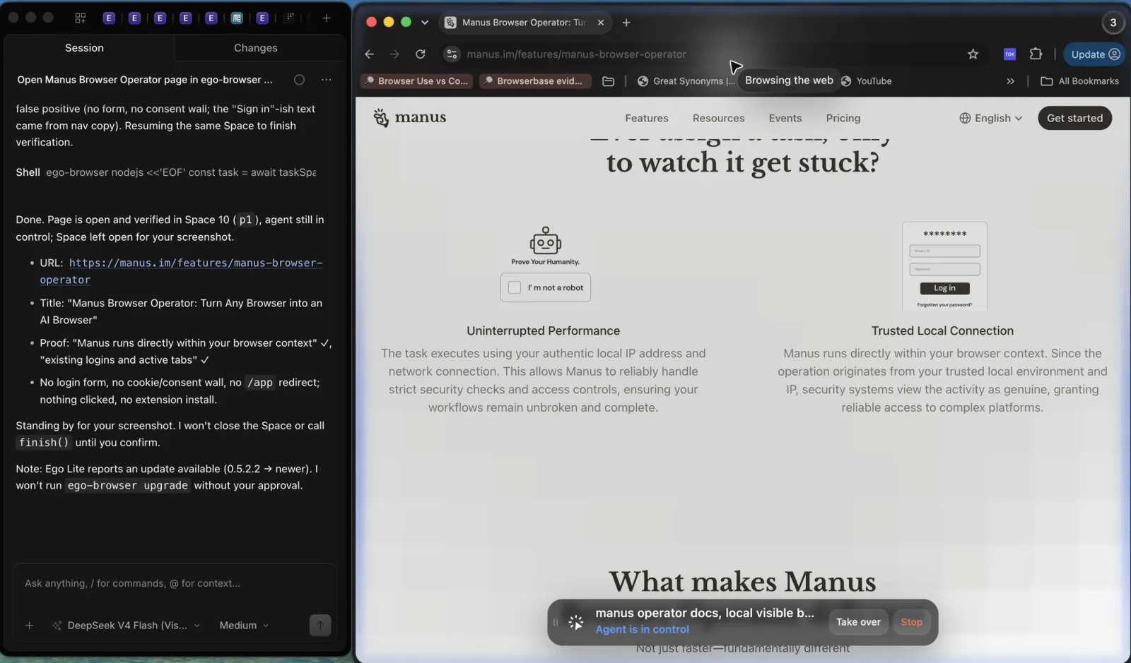 A local ego (lite) Space showing the live Manus Browser Operator page with Agent is in control, Take over, and Stop visible beside the browser
