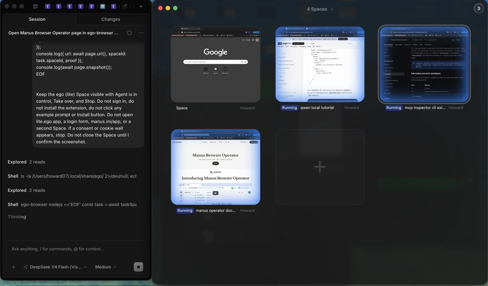 An ego (lite) Spaces overview with several agent Spaces shown at once, including a running Space on the Manus Browser Operator documentation