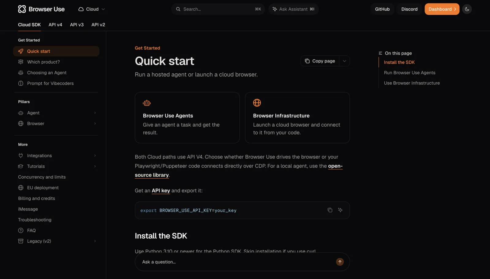 Browser Use Cloud SDK Quick start page showing the heading Run a hosted agent or launch a cloud browser, the Browser Use Agents and Browser Infrastructure cards, and a link to the open-source library