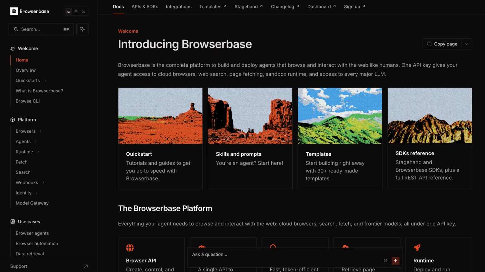 Browserbase documentation headed Introducing Browserbase, describing cloud browsers, web search, page fetching, and a sandbox runtime behind one API key, with Quickstart, Skills and prompts, Templates, and SDKs reference cards