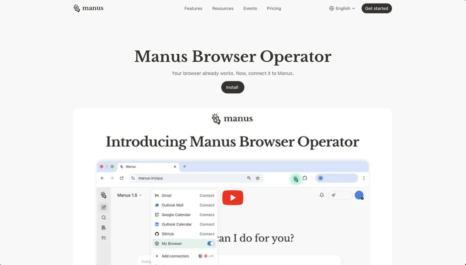 Manus's live Browser Operator page showing the heading Manus Browser Operator, the line that your browser already works, and an embedded product walkthrough