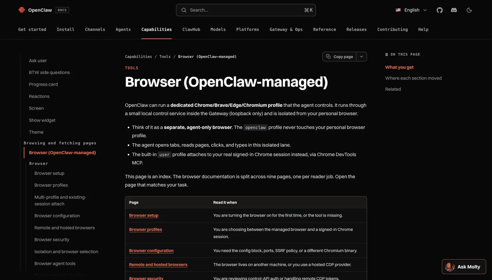 OpenClaw browser documentation headed Browser, OpenClaw-managed, describing a dedicated agent-only profile isolated from the personal browser and a user profile that attaches to a signed-in Chrome session