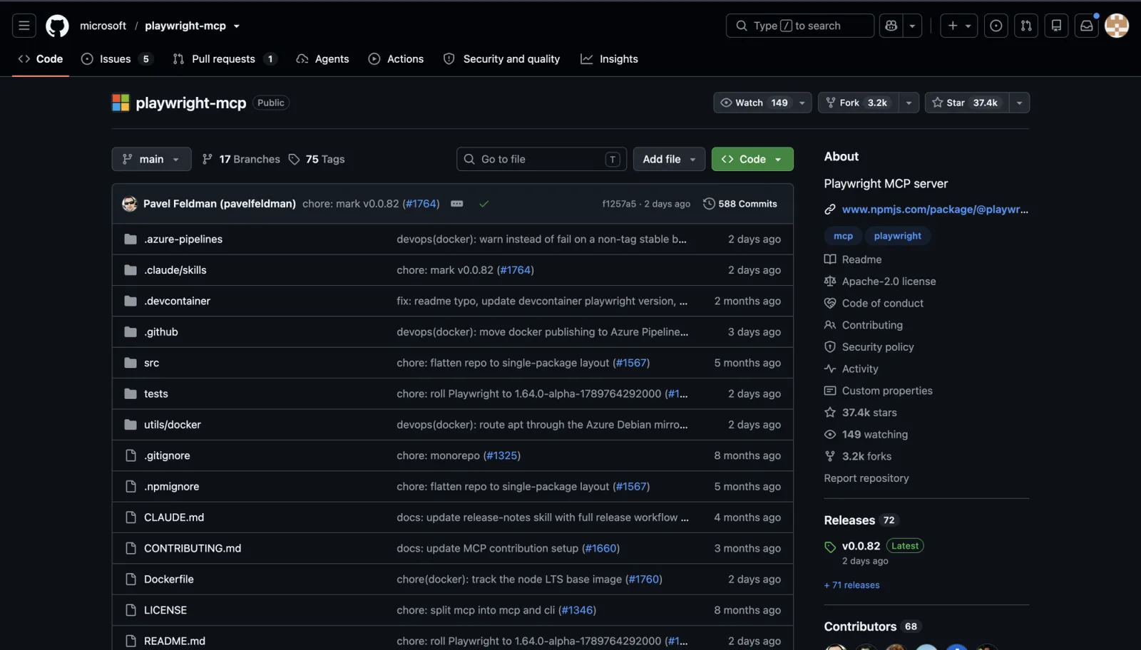 The microsoft/playwright-mcp repository page showing the project breadcrumb, README file list, star and fork counts, and the About panel