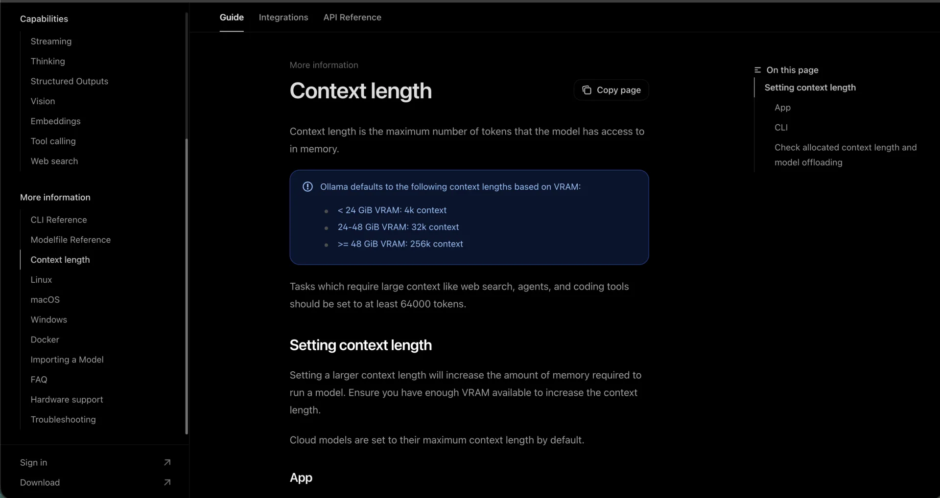 Ollama Context length docs showing the VRAM-based defaults: under 24 GiB 4k, 24-48 GiB 32k, 48 GiB or more 256k, and the at-least-64000-token note for agents