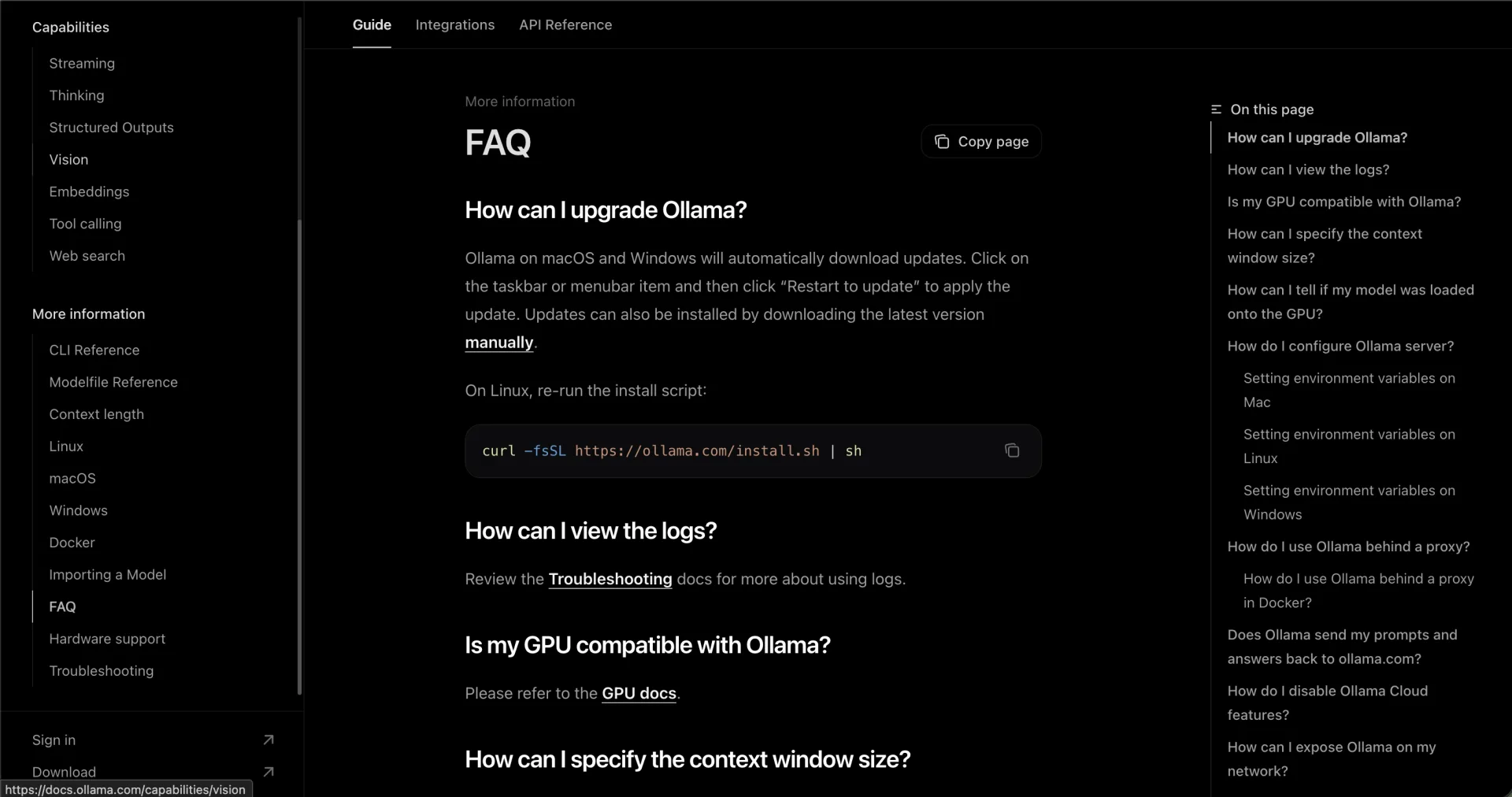 Ollama FAQ page with the questions about whether prompts and answers are sent back to ollama.com and how to disable Ollama Cloud features listed in the outline