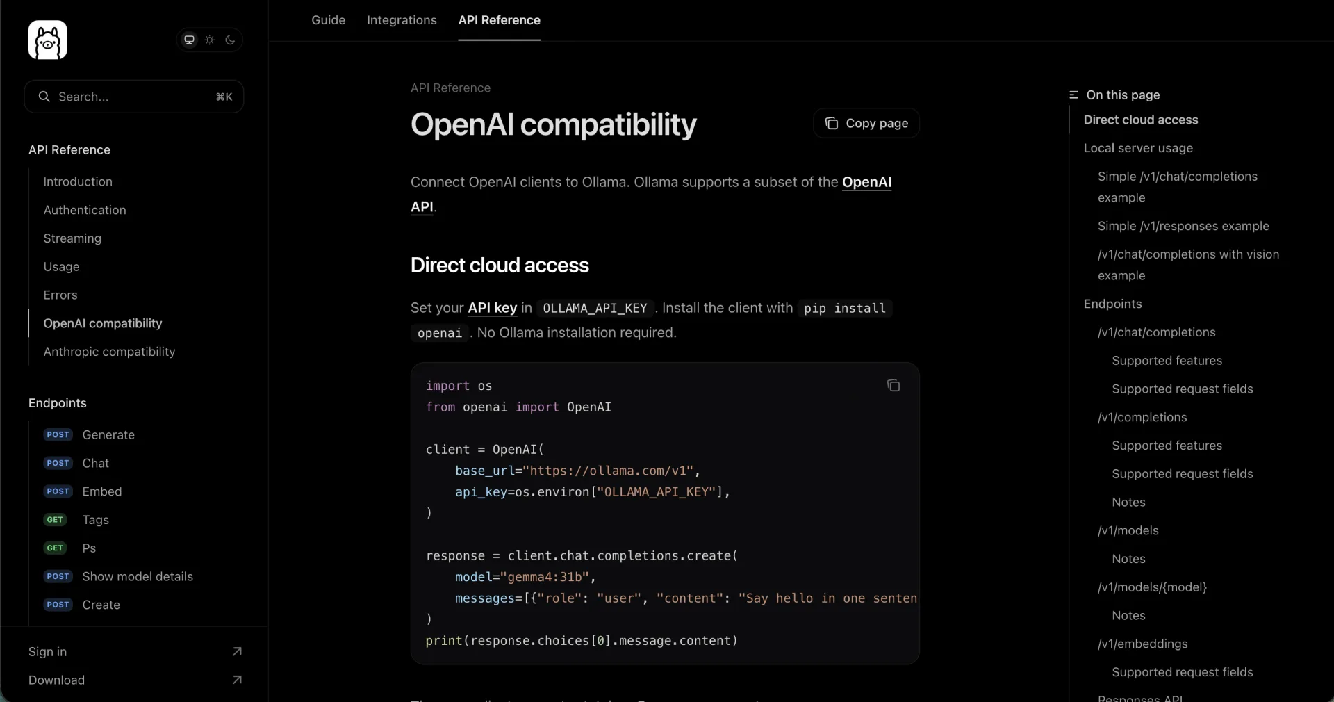 Ollama's OpenAI compatibility API reference showing an OpenAI client example with OLLAMA_API_KEY